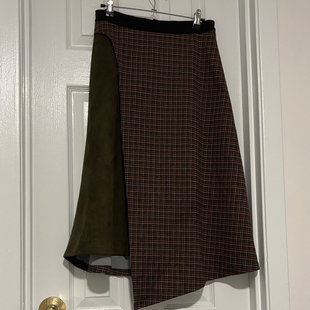Asymmetrical Olive & Brown Plaid Midi Skirt